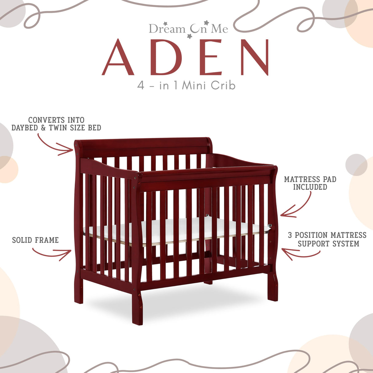Dream On Me Aden 4-in-1 Convertible Mini Crib In Cherry, Greenguard Gold Certified, Non-Toxic Finish, New Zealand Pinewood, With 3 Mattress Height Settings Dream On Me