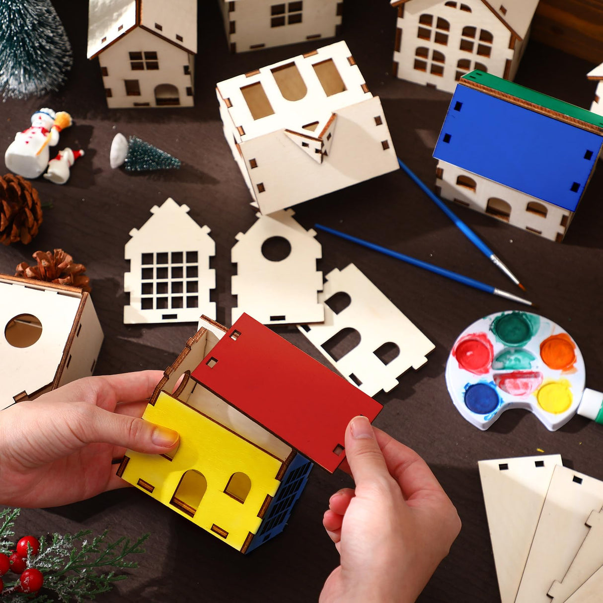 Hiboom 12 Pcs DIY Christmas Village Sets Wood Village Houses Christmas Mini Wooden House Gift for Winter Xmas Party Decorations Hiboom