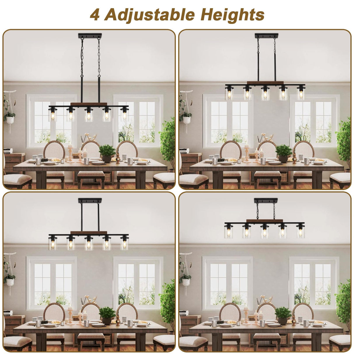 Kitchen Island Lighting,5-Light Dining Room Light Fixture/Chandelier Over Table,Black Modern Rustic Wood Ceiling Pendant Light Fixtures, with Clear Glass Shade,Farmhouse Chandelier (Black, 5-Light) CmnVmn