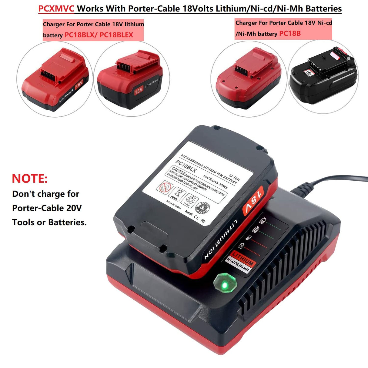 Qbmel 18-Volt Multi-Chemistry Battery Charger for Porter Cable PCXMVC Lithium Ion & NiCad NiMh Slide PC18B PC18B-2 PC18BL PC18BLX PCC489N Cordless Power Tool Battery Qbmel