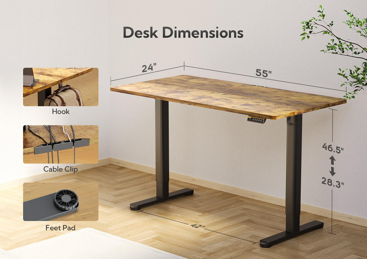 Claiks Electric Standing Desk, Adjustable Height Stand up Desk, 55x24 Inches Sit Stand Home Office Desk with Splice Board, Black Frame/Rustic Brown Top Claiks