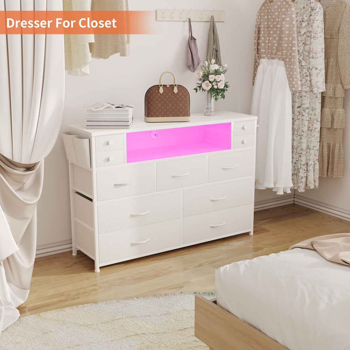 DRAWERHOM Dresser TV Stand with Power Outlets and LED Lights for 55'' TV, 11 Drawers Dresser with Side Pocket, Fabric Chest of Drawers with PU Finish, Sturdy Frame & Wood Top (White) DRAWERHOM