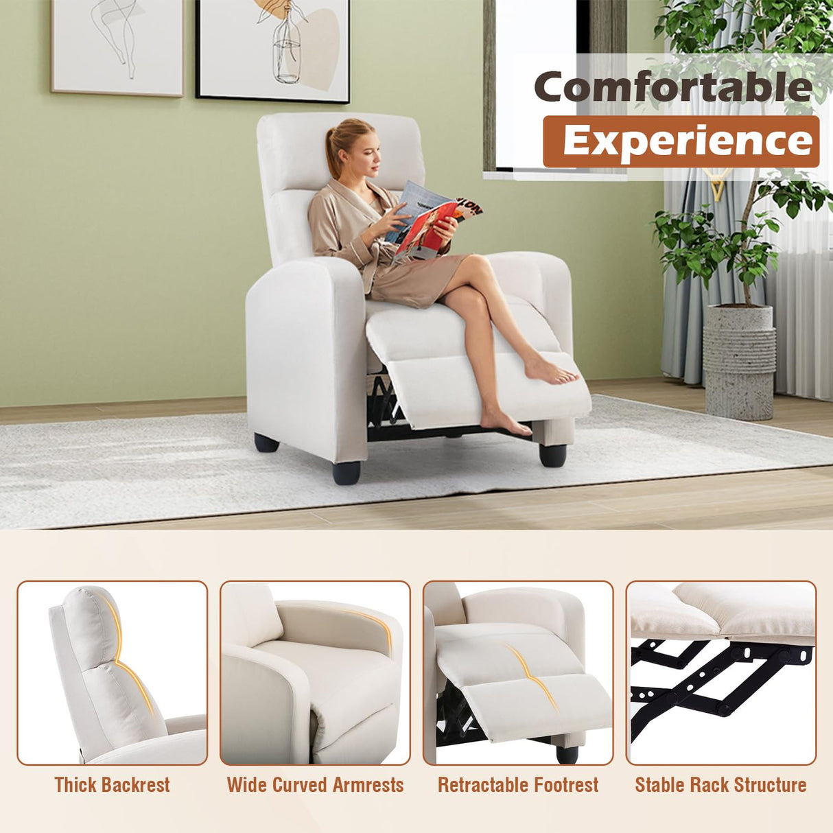 BestMassage | Recliner Chair | No Massage Function | Textile Beige | with Lumbar Support, Adjustable Push Back, Wide Armrests, Footrest & Padded Seat | Easy Assembly | for Living Room, Home Theatre BestMassage
