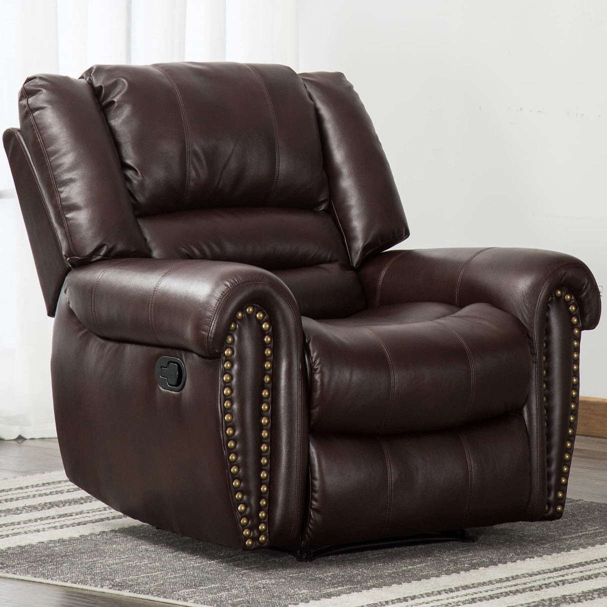 CANMOV Leather Recliner Chair, Classic and Traditional Manual Recliner Chair with Comfortable Arms and Back Single Sofa for Living Room, Brown CANMOV