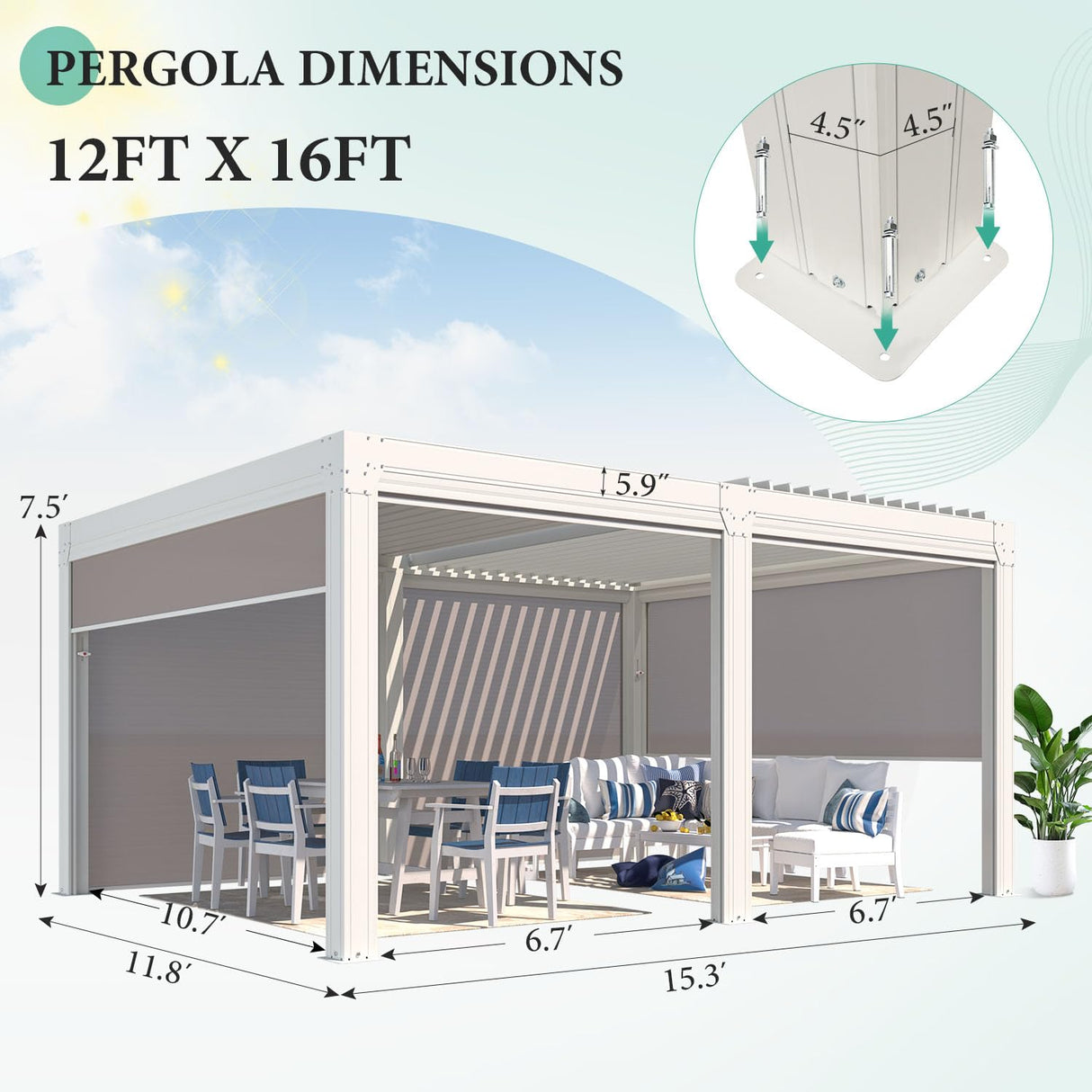 YOLENY Louvered Pergola and 6 Pull-Down Screens, 12x16FT All Aluminum Pergola with Adjustable Rainproof Roof, Outdoor Sun Shade Shelter for Patio, Weatherproof, White YOLENY