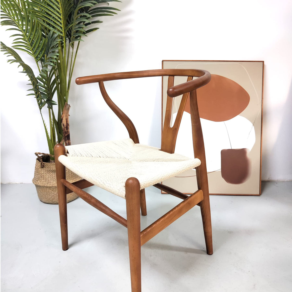 Tomile Set of 2 Wishbone Chair Solid Wood Y Chair Mid-Century Armrest Dining Chair, Hemp Seat (Ash Wood - Walnut) Tomile