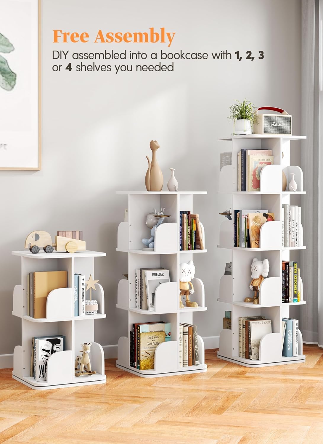 Rotating Bookshelf Tower, 4 Tier Small Spinning Corner Bookshelf for Small Spaces, 360 Display Kids Bookshelves Floor Standing Bookcase Storage Rack Wood Book Shelf Organizer for Bedroom Room, White Turosur