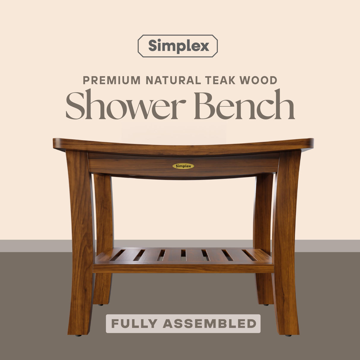 Simplex Teak Shower Bench, Fully Assembled Shower Stool, Water-Resistant Spa Seat, 20.8 Inch Non Slip Shower Bench, Indoor & Outdoor Use SIMPLEX