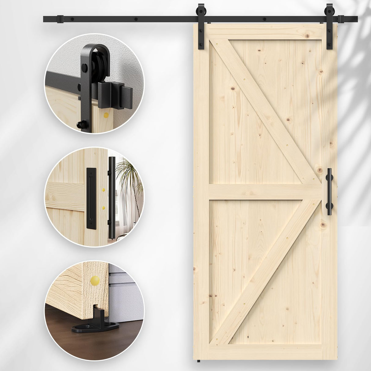 ROOMTEC 28in x 84in Sliding Barn Doors with 5ft Hardware Kit Included & Handle, DIY Unfinished Solid Pine Barn Doors with Barn Door Track Kit ROOMTEC