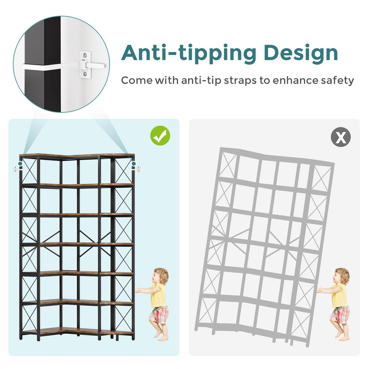 Condemo 7-Shelf Reversible Corner Bookshelf, Modern Industrial Tall Bookcase, 7-Tier Large L-Shaped Storage Shelf Display Rack with Metal Frame for Living Room, Home Office, Bedroom, Rustic Brown Condemo