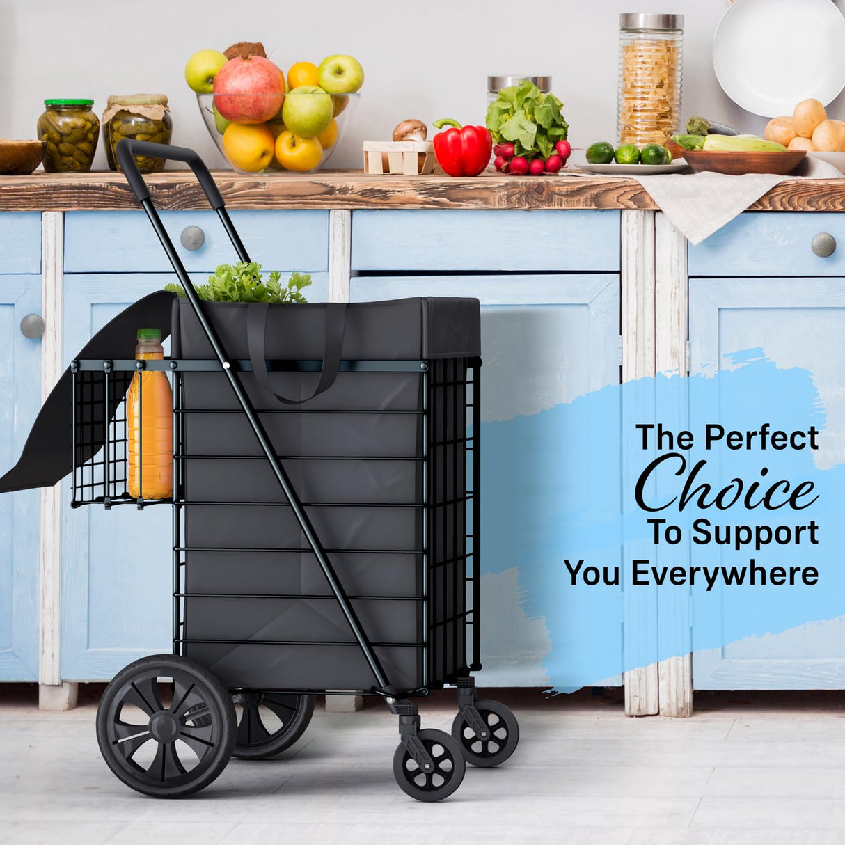 Our Modern Space Shopping Cart w/Waterproof Basket Liner & 360° Swivel Wheels | Foldable Collapsible & Lightweight | Perfect for Groceries Laundry Utility Cart - Black Our Modern Space