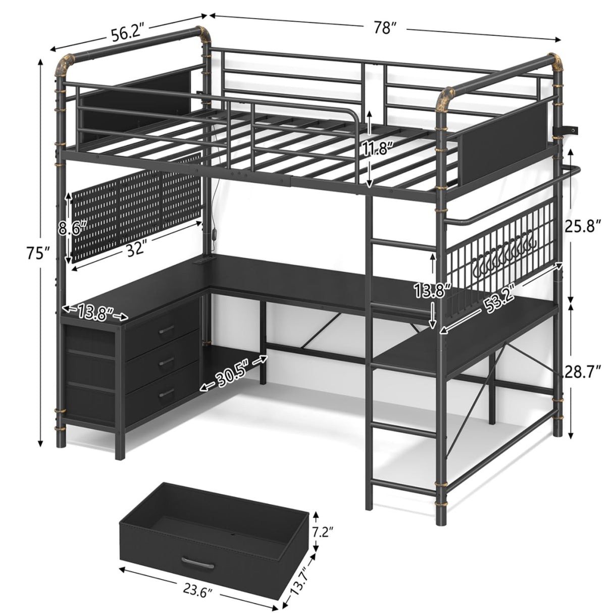 Twin Size Loft Bed with U-Shaped Desk & RGB LED Lights, Twin Loft Metal Bed Frame with Charging Station Bunk loft bed with 3 Drawers, Safety Guard & Ladder, 3 Pegboards, No Box Spring Needed, BlacK CSZZD