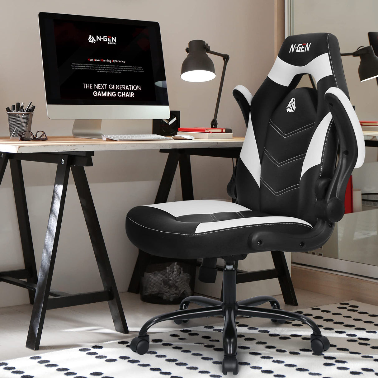 N-GEN Video Gaming Computer Chair Ergonomic Office Chair Desk Chair with Lumbar Support Flip Up Arms Adjustable Height Swivel PU Leather Executive with Wheels for Adults Women Men (White) NEO CHAIR