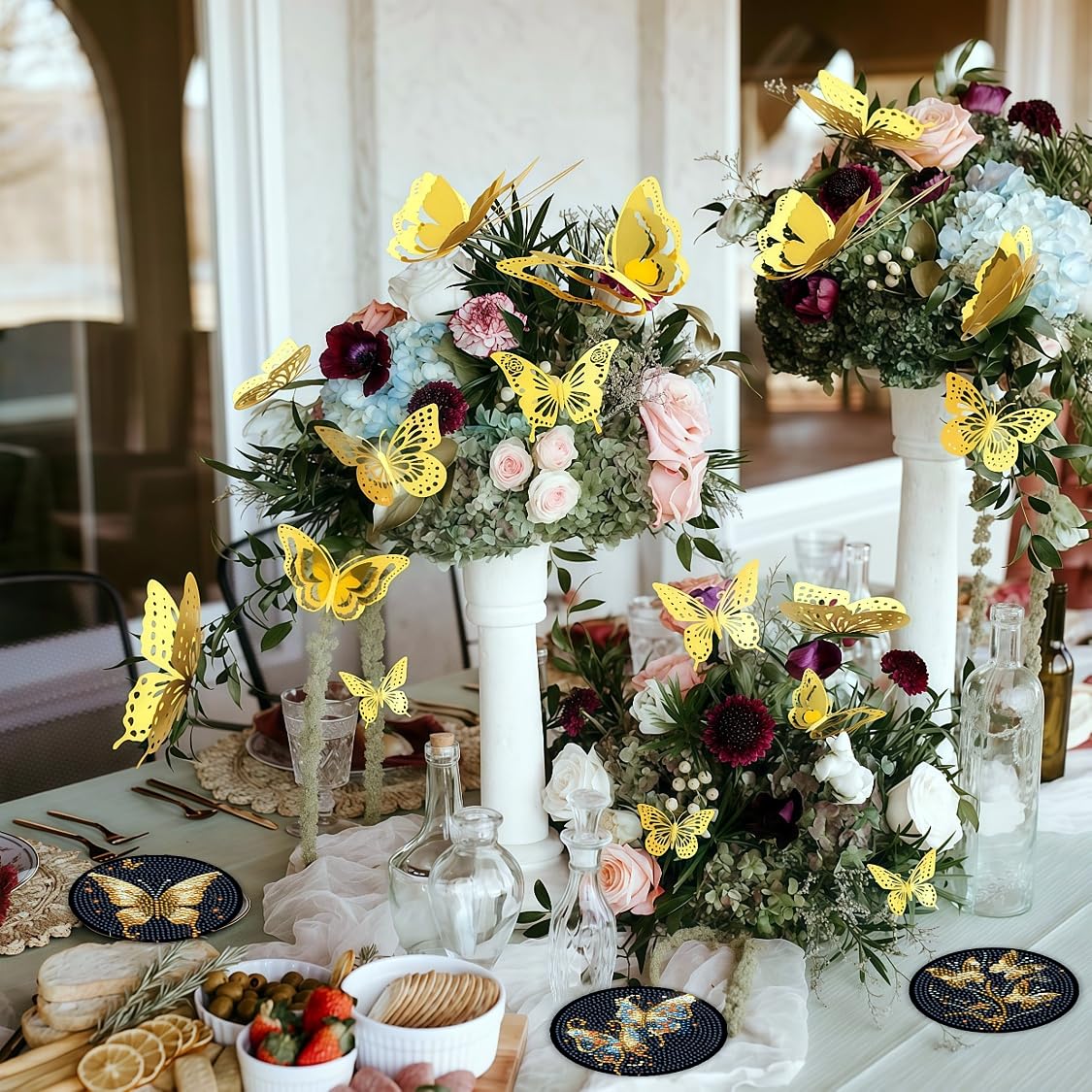 8 Pcs Butterfly Diamond Painting Coasters Kits with Holder,Diamond Art Coasters Set for Drinks Coffee Table, Gem Painting kit for Beginners Adults DIY Art Craft Gifts Black Gold Decors (Butterfly) Bulerrylulu