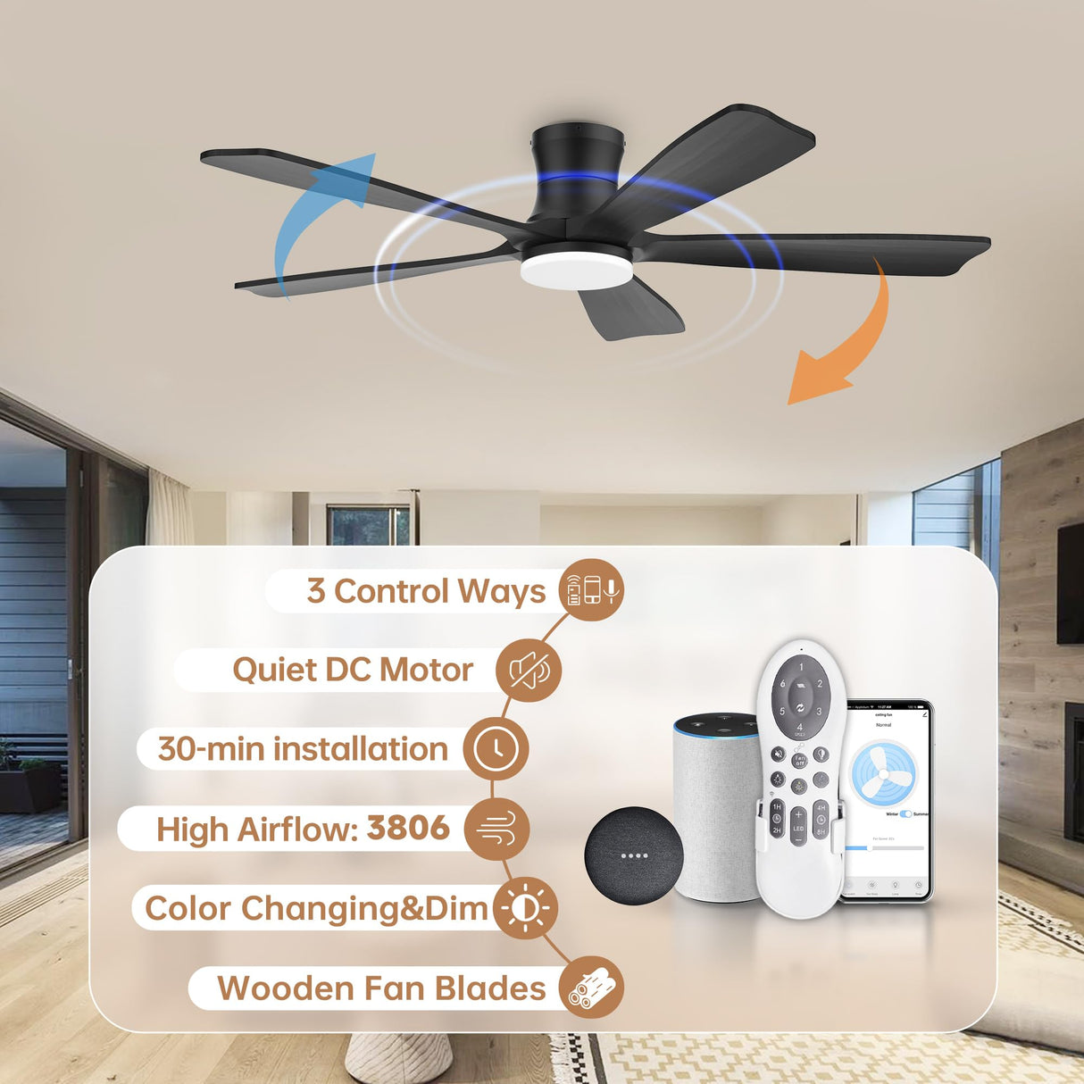 52"Wood Smart Flush Mount Ceiling Fans with Lights Remote,Control via WIFI Alexa Google App,6 Speed,Quiet DC Motor,Modern Black Outdoor Indoor Low Profile Ceiling Fan for Bedroom Patio Porch GentleBreeze