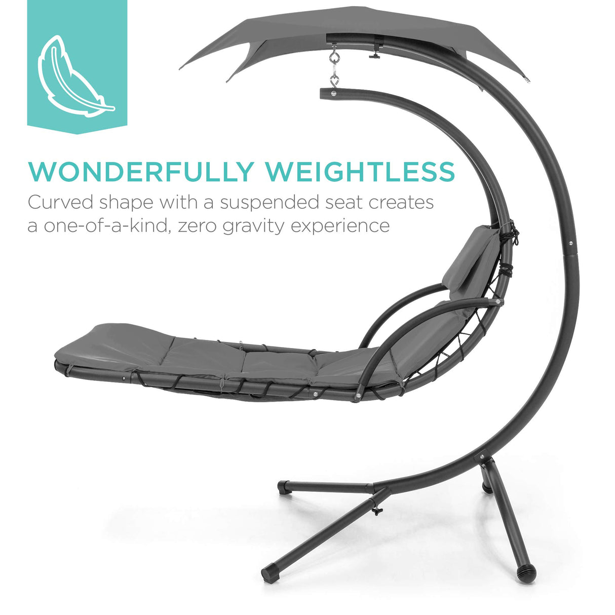Best Choice Products Outdoor Hanging Curved Steel Chaise Lounge Chair Swing w/Built-in Pillow and Removable Canopy - Charcoal Gray Best Choice Products