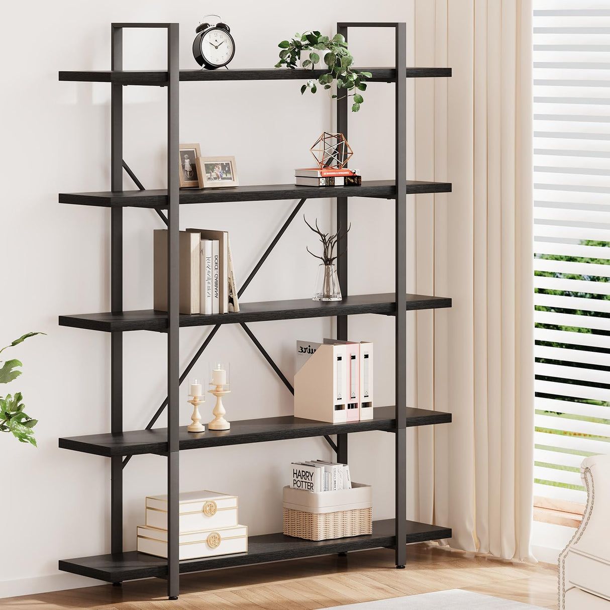 HSH 5 Tier Tall Black Bookshelf, Wood and Metal Storage Book Rack, Industrial Modern Etagere 5 Shelf Bookcase, Large Wide Open Display Book Shelf for Bedroom Living Room Office, Bookshelves Heavy Duty HSH