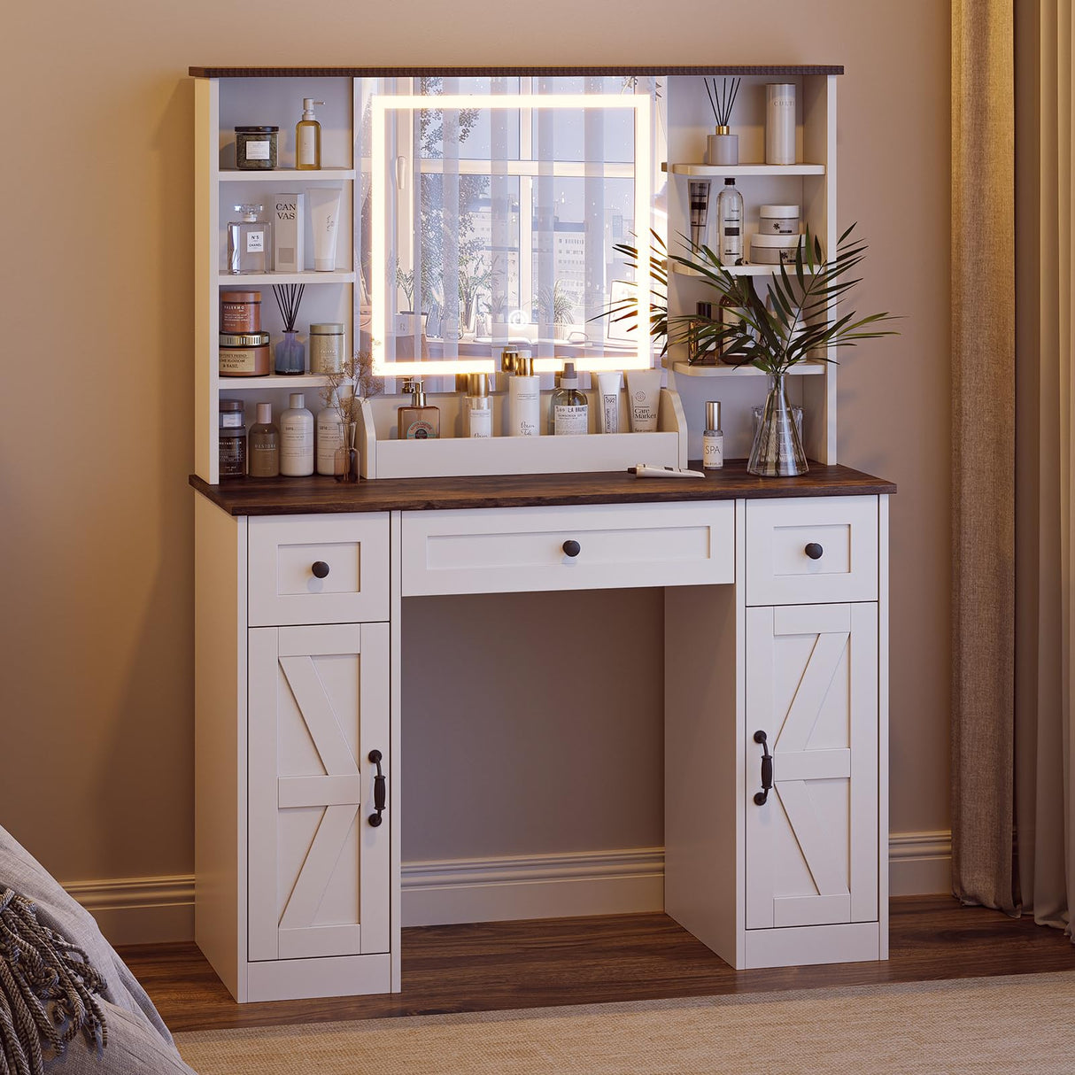 Farmhouse Makeup Vanity Desk with Mirror and Lights, Makeup Vanity with Open Shelves & Power Strip, 3 Lighting Modes Adjustable Brightness, Vanity Table Set with 3 Drawers & 2 Side Cabinet for Bedroom ivaniti