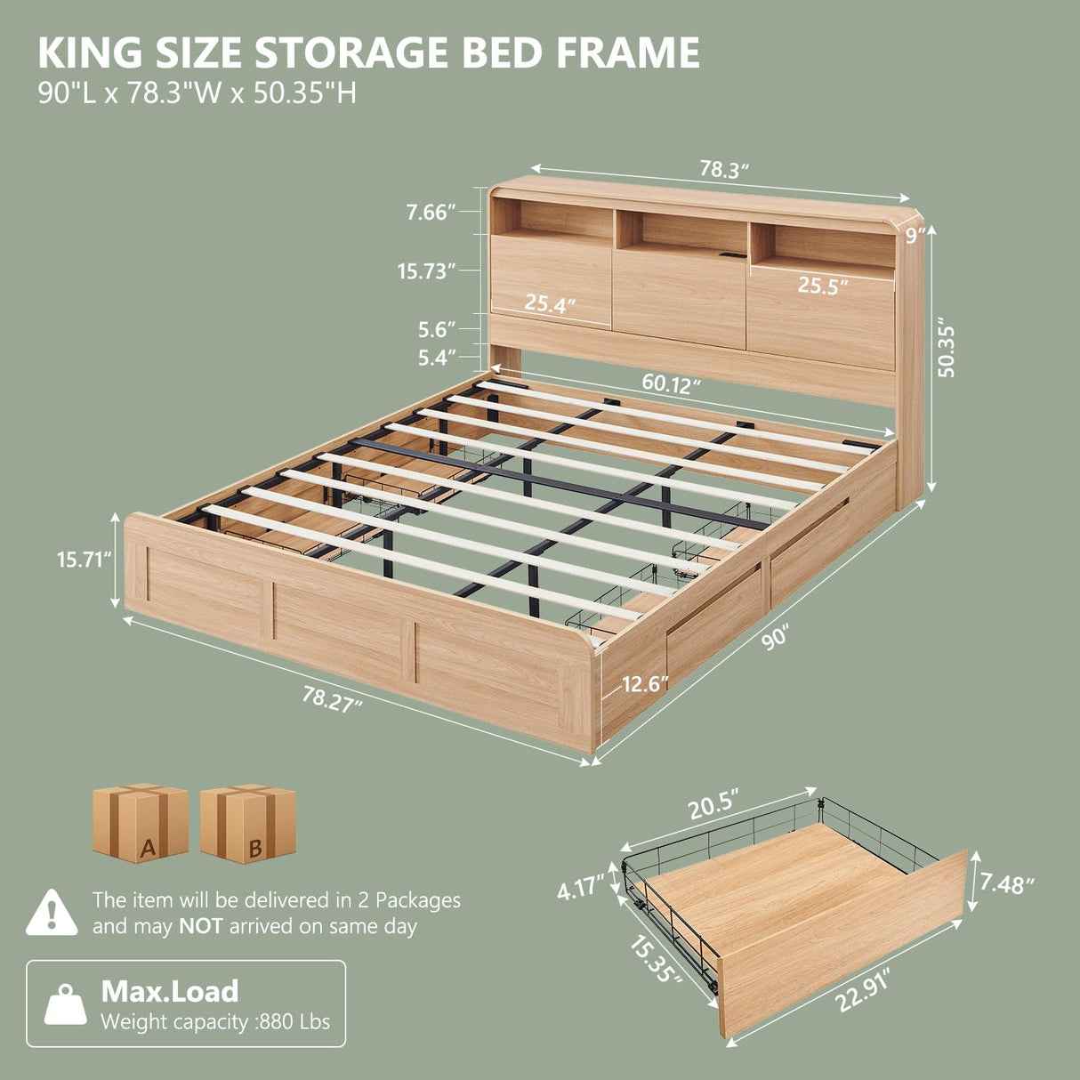 Aitjunz Modern King Size Bed Frame with 50" Tall Storage Headboard, Wood King Size Platform Bed Frame w/4 Drawers, Curved Profile Design,LED Light, Charging Station,No Box Spring Needed, Natural Oak Aitjunz