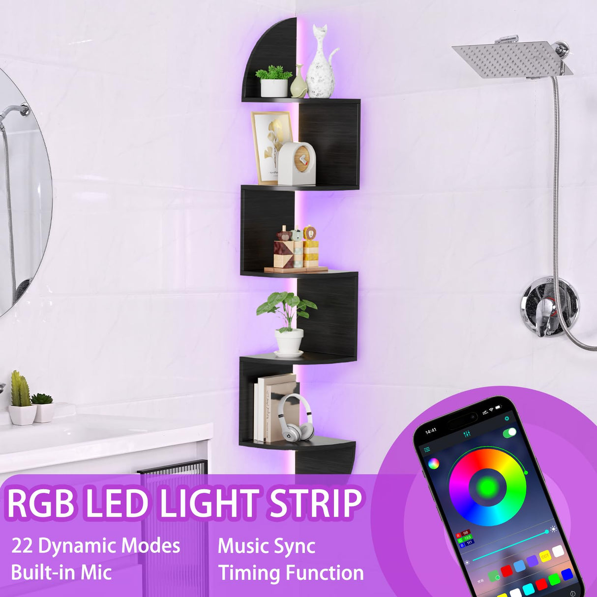 Corner Shelf, 5 Tier Bookshelf with LED Light, Corner Shelf Wall Mounted, Floating Shelves for Wall, Display Stand for Bedroom, Living Room, Bathroom, Home, Office, Black Waipfaru