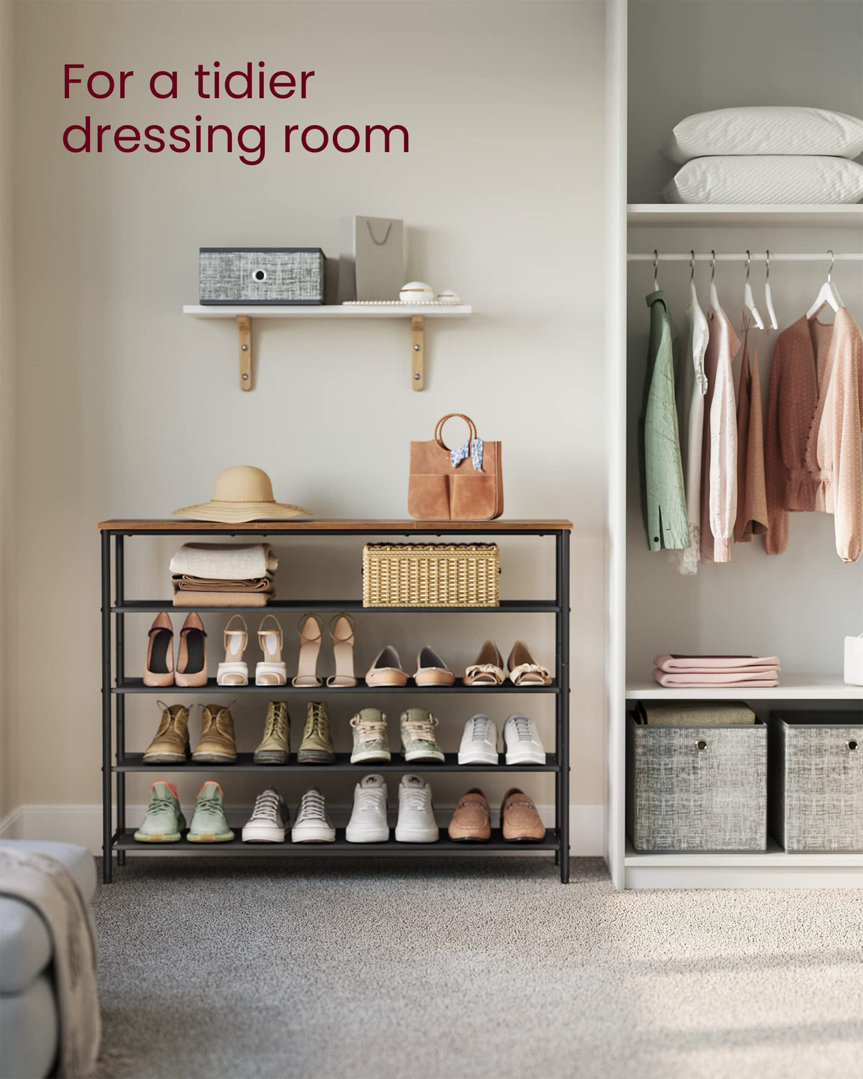 VASAGLE Shoe Rack, 5 Tier Shoe Storage Rack for 20-24 Pairs of Shoes, Shoe Organizer for Entryway, with 4 Fabric Shelves and Wooden Top, Steel Frame, Industrial, Rustic Brown and Black ULBS136B01 VASAGLE