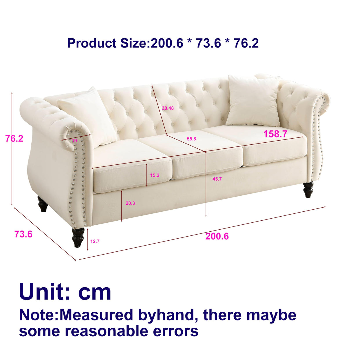 80" 2 Piece 3-Seater Velvet Chesterfield Sofa for Living Room,Combination Sofa with 4 Pillows,Button Tufted Trimming Curved Backrest Rolled Arms with Black Legs (Beige, 80" 3+3 Seat Velvet Sofa Sets) eluvatery