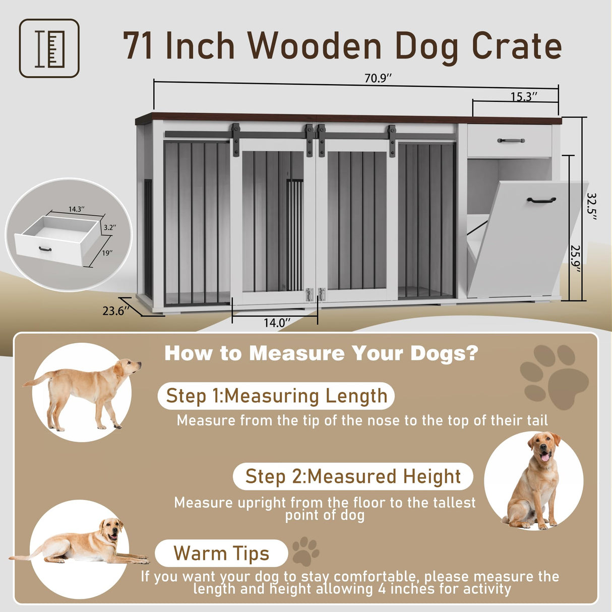 YOCONYO Large Dog Crate Furniture Large Breed,71 Inch Wooden Dog Crate with Tilt Out Trash Cabinet,Drawers,Divider and Sliding Barn Door, Double Doors Dogs Crate for 2 Dogs (White) YOCONYO