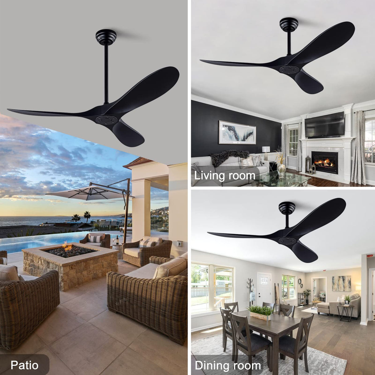 QUTWOB 52" Ceiling Fan with Remote Control No Lights,Modern Reversible DC Motor Indoor Outdoor 3 Blades Ceiling Fans for Patio Bedroom Living Room(Black) QUTWOB