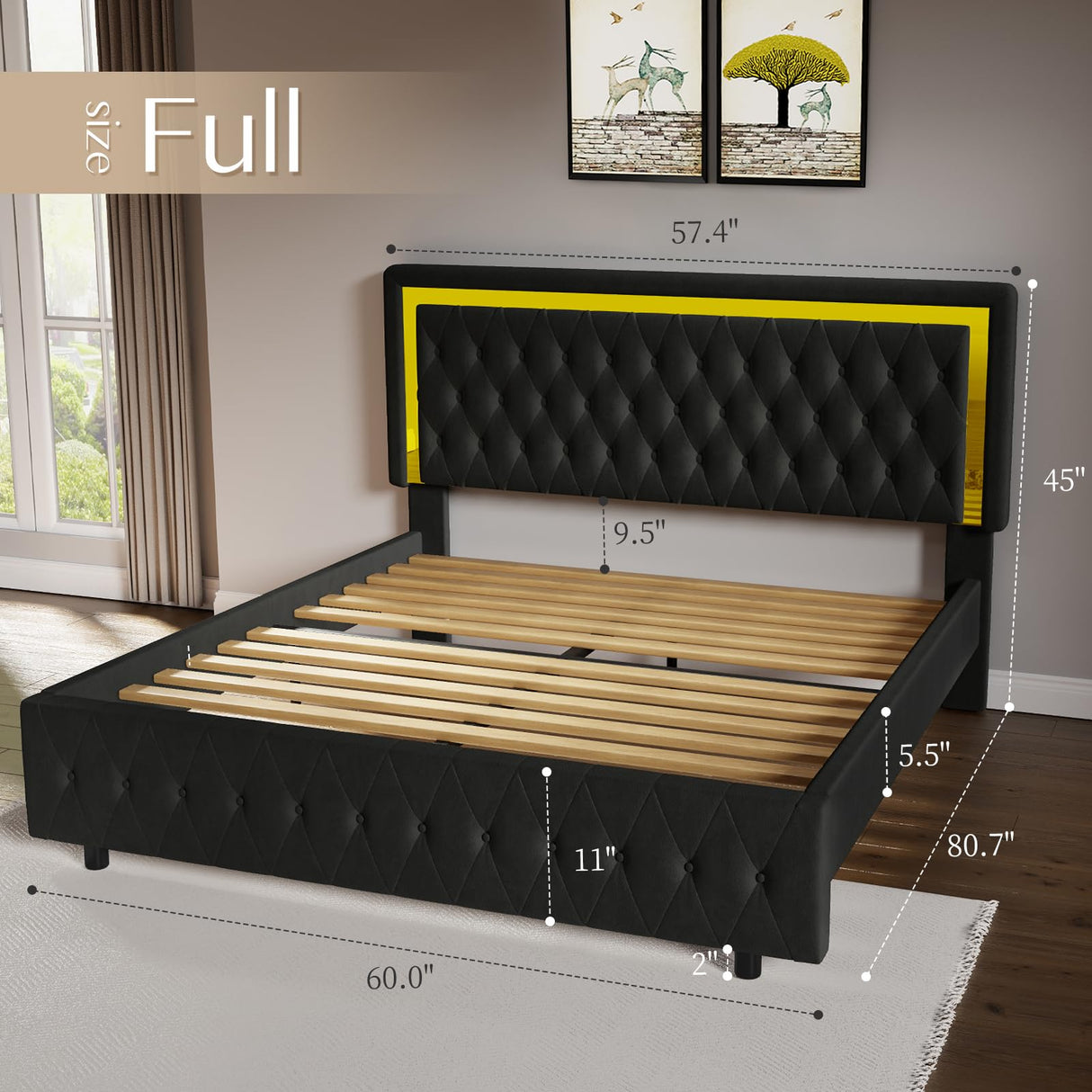 Jocisland Full Bed Frame with LED Lights Headboard&Footboard, Velvet Upholstered Full Size Platform Bed Frame No Box Spring Needed/Black Jocisland