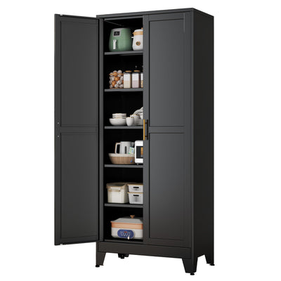pozdeg Metal Storage Cabinet - 75” Tall Steel File Cabinets with 2 Doors and 5 Adjustable Shelves Versatile Storage Pantry Cabinet for Home Office Warehouse Garage or Outdoor (Black)