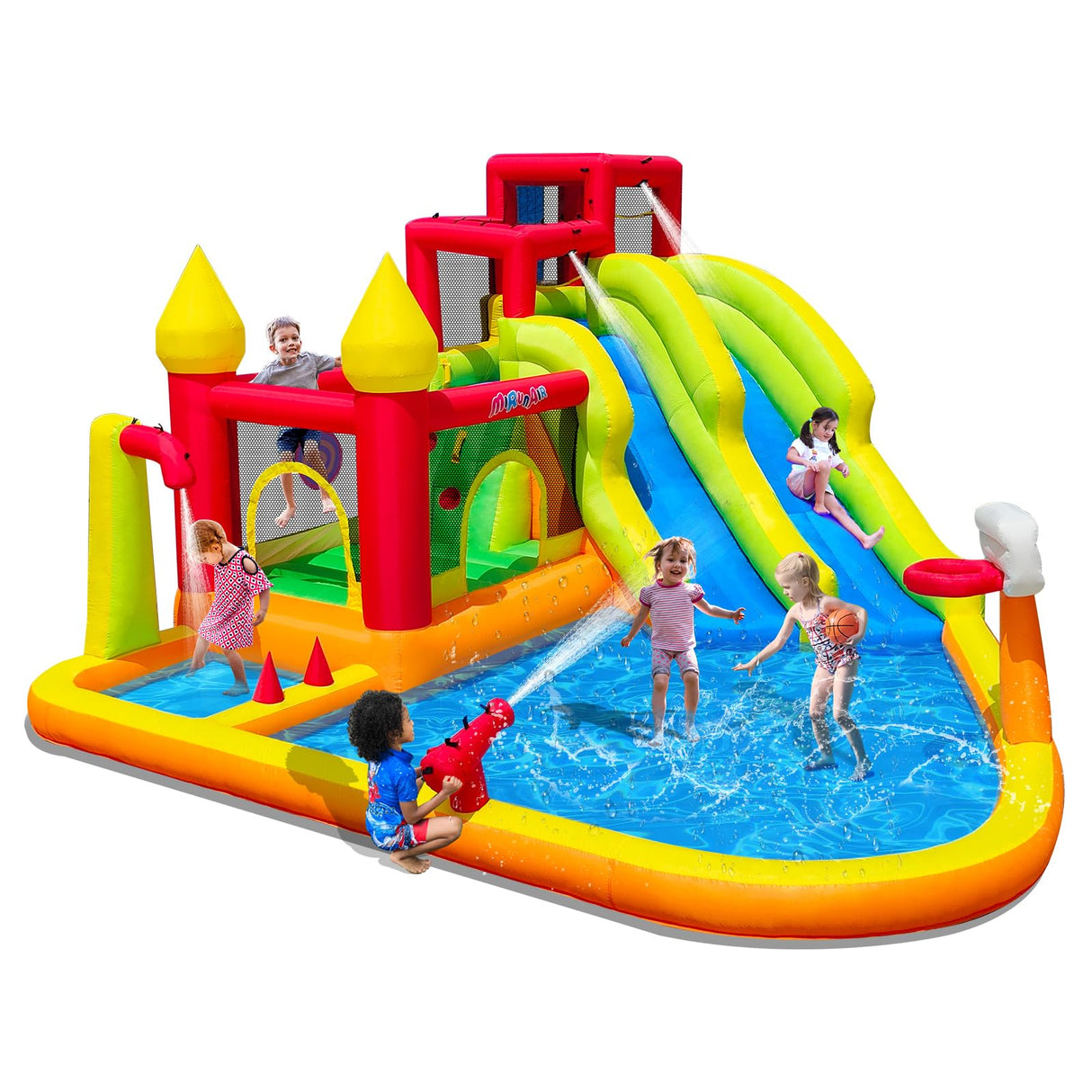 MIRUNAIR Inflatable Bounce House with Slides, Inflatable Water Slide for Kids Backyard, Bounce Water Prak with Air Blower, Splash Pool, Water Cannon, Climbing Wall, Outdoor Backyard Water Park MIRUNAIR