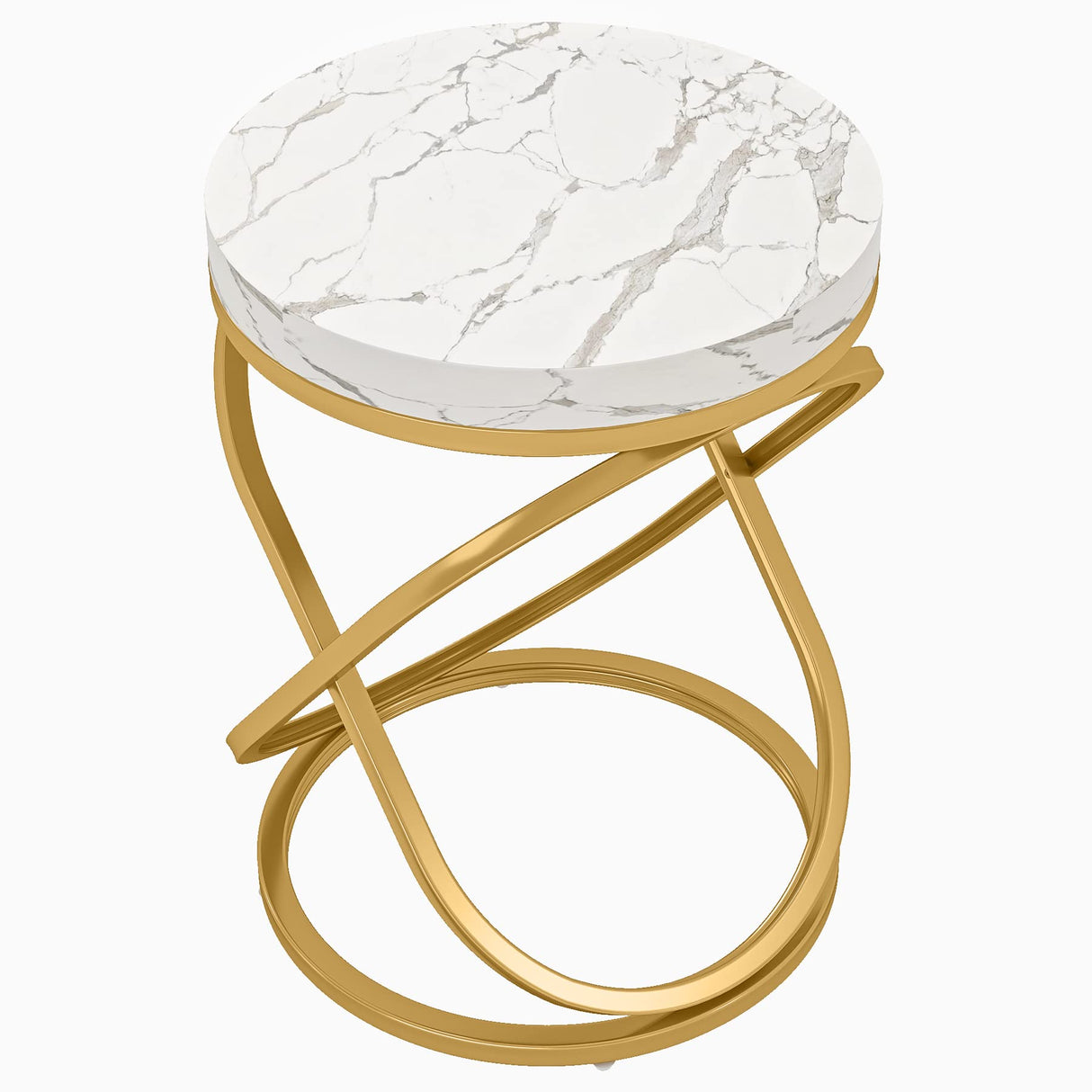 Tribesigns 26 Inches White and Gold Faux Marble Top End Tables Living Room, Round Nightstands Sofa Side Table with Double X-Shaped Ring Unique Design for Bedroom Tribesigns