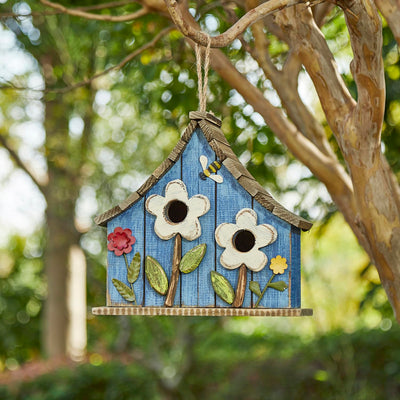 Glitzhome 10.75" L Distressed Solid Wood Hanging Birdhouse with 3D Flowers Rustic Hand-Painted Garden Bird Houses for Outdoors Decorative