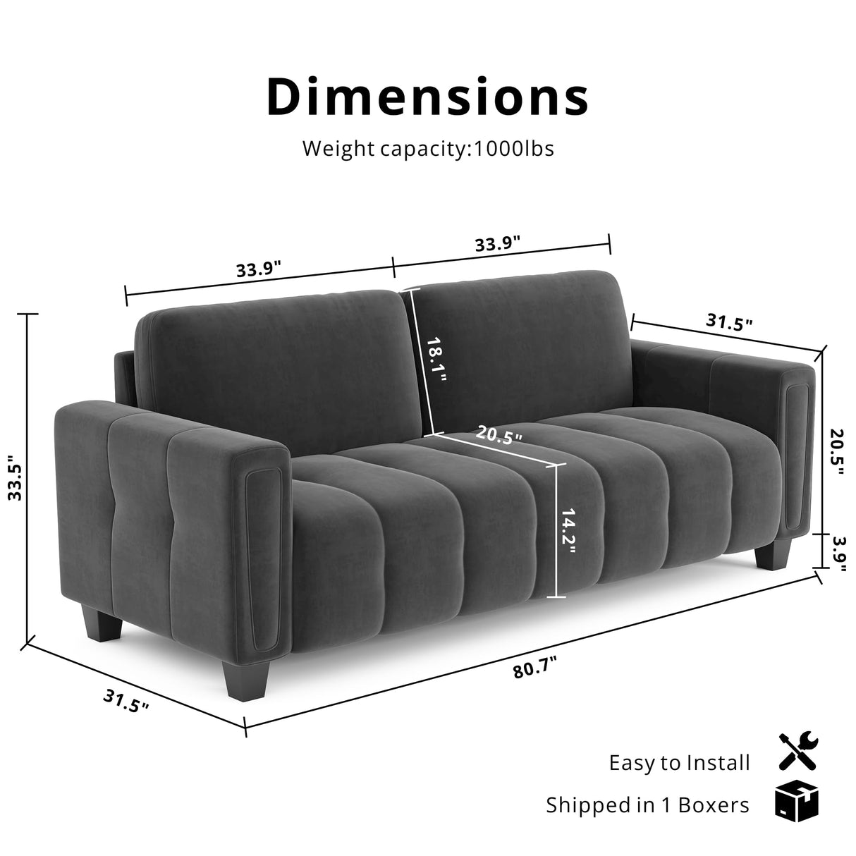 LIKIMIO 80.7" Sofa Couch for Living Room, Modern Loveseat Sofa with Extra Deep Seats, Comfy Armrests, 3-Seater Sofa, Couches for Living Room Apartment Lounge, Easy Assembly, Grey LIKIMIO