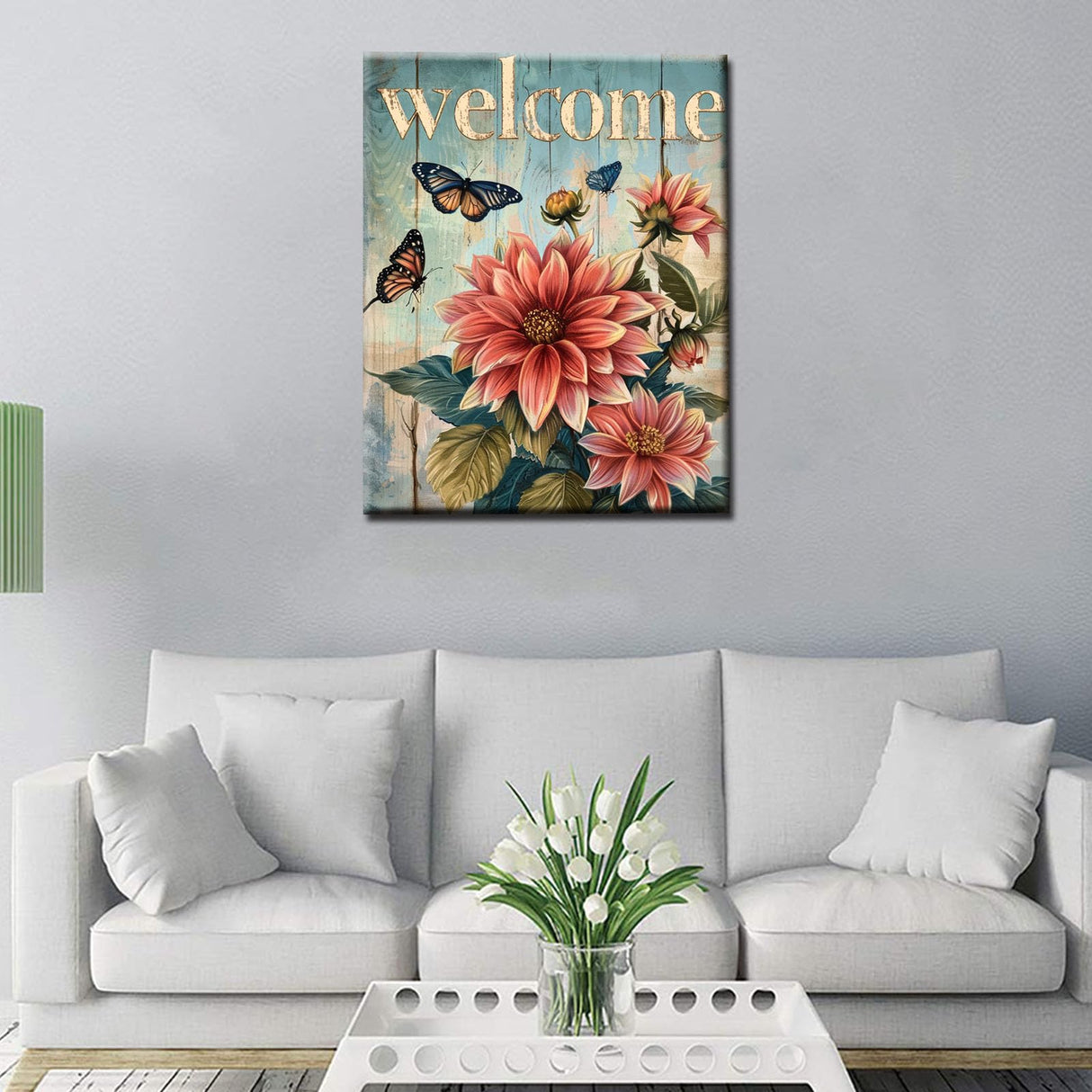 "welcome" Sign Paint by Numbers for Adults Beginners-Paint by Number Vintage Wood Grain,DIY Butterfly and Dahlia Acrylic Paint by Numbers Kits on Canvas for Adults Beginner 16x20inch(Without Frame) Tucocoo
