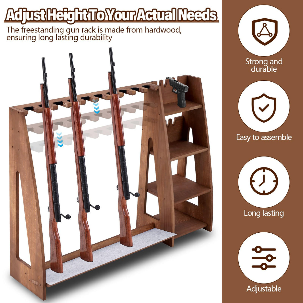 Wooden Gun Rack with Holder, Indoor Floor Standing Rifle Rack, Gun Display Storage for Home or Garage Storage, Holds 10 Long guns and 8 handguns(Walnut) Lineshading