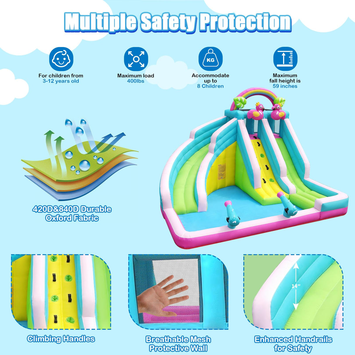 Inflatable Water Slide, 6 in 1 Blow Up Water Park Aged 3-12, Flamingo Style Water Bounce House with Double Long Slides, Splash Pool, 580W Blower Waterslide for Kids and Adults Backyard HEMOPOW