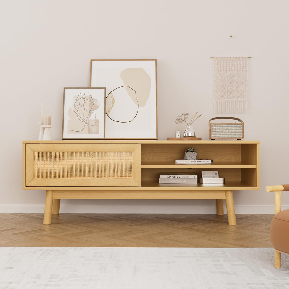 SYESWAY 46.8" Rattan TV Stand Boho TV Stand for up to 55 inches TV Entertainment Center with Natural Rattan Door Mid Century Modern TV Console for Living Room,Bedroom SYESWAY