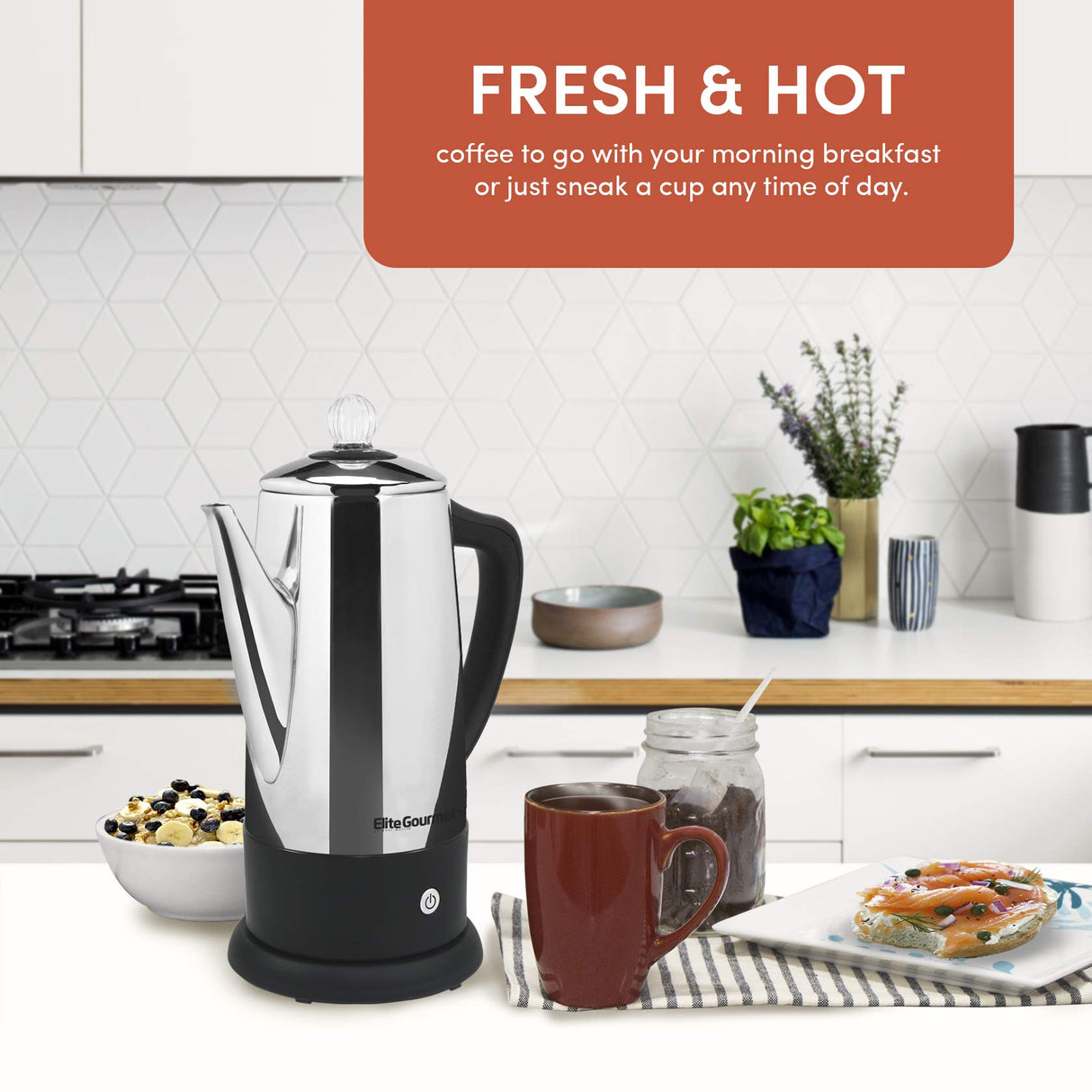 Elite Gourmet EC812 Electric 12-Cup Coffee Percolator with Keep Warm, Clear Brew Progress Knob Cool-Touch Handle Cord-less Serve, Stainless Steel Elite Gourmet