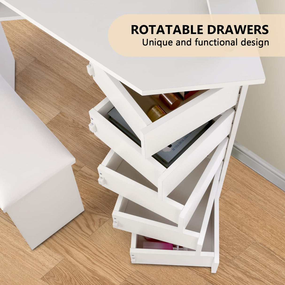 VOWNER Vanity with Lights - Makeup Vanity Desk with Power Outlet, 3 Color Lighting Options Brightness Adjustable, Vanity Table with 5 Rotating Drawers, Shelves and Stool for Bedroom, White VOWNER