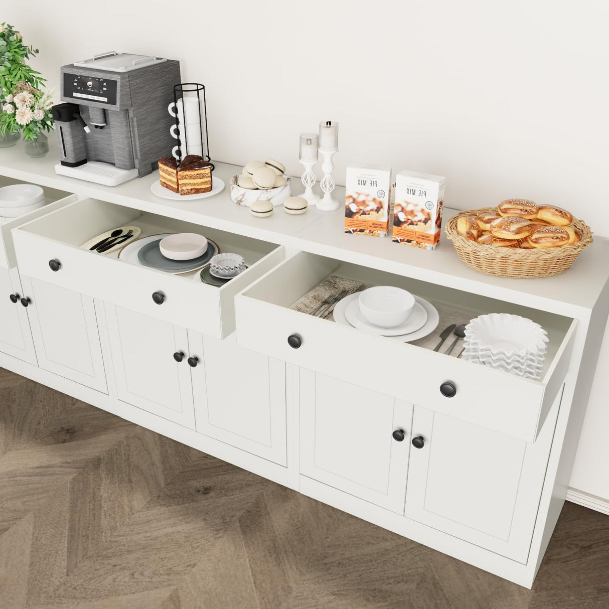 CJF Buffet Storage Cabinet, Storage Cabinet with Drawer & Adjustable Shelf, Metal Sideboard Kitchen Storage Cabinet for Coffee Bar, Bathroom, Living Room, Entryway, Home Office, Natural, Pantry CJF