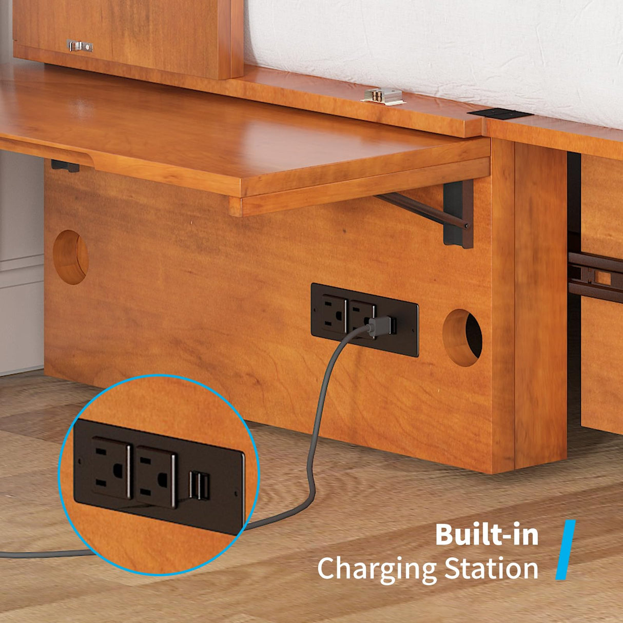 Mjkone Queen Size Murphy Bed Cabinet with Drawers and USB Charging Station, Wooden Versatile Wood Chest Cabinet Wall Bed with Tri-Fold Mattress, Modern Guest Beds for Bedroom Home Apartment - Cherry Mjkone