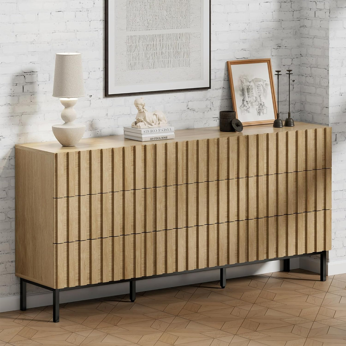 UEV Modern 9 Drawer Dresser for Bedroom,59" Mid Century Modern Dresser,Fluted Dresser Natural Wood Dresser with Panels for Handle,Long Chest of Drawers TV Stand Dresser for Bedroom,Living Room,Hallway UEV
