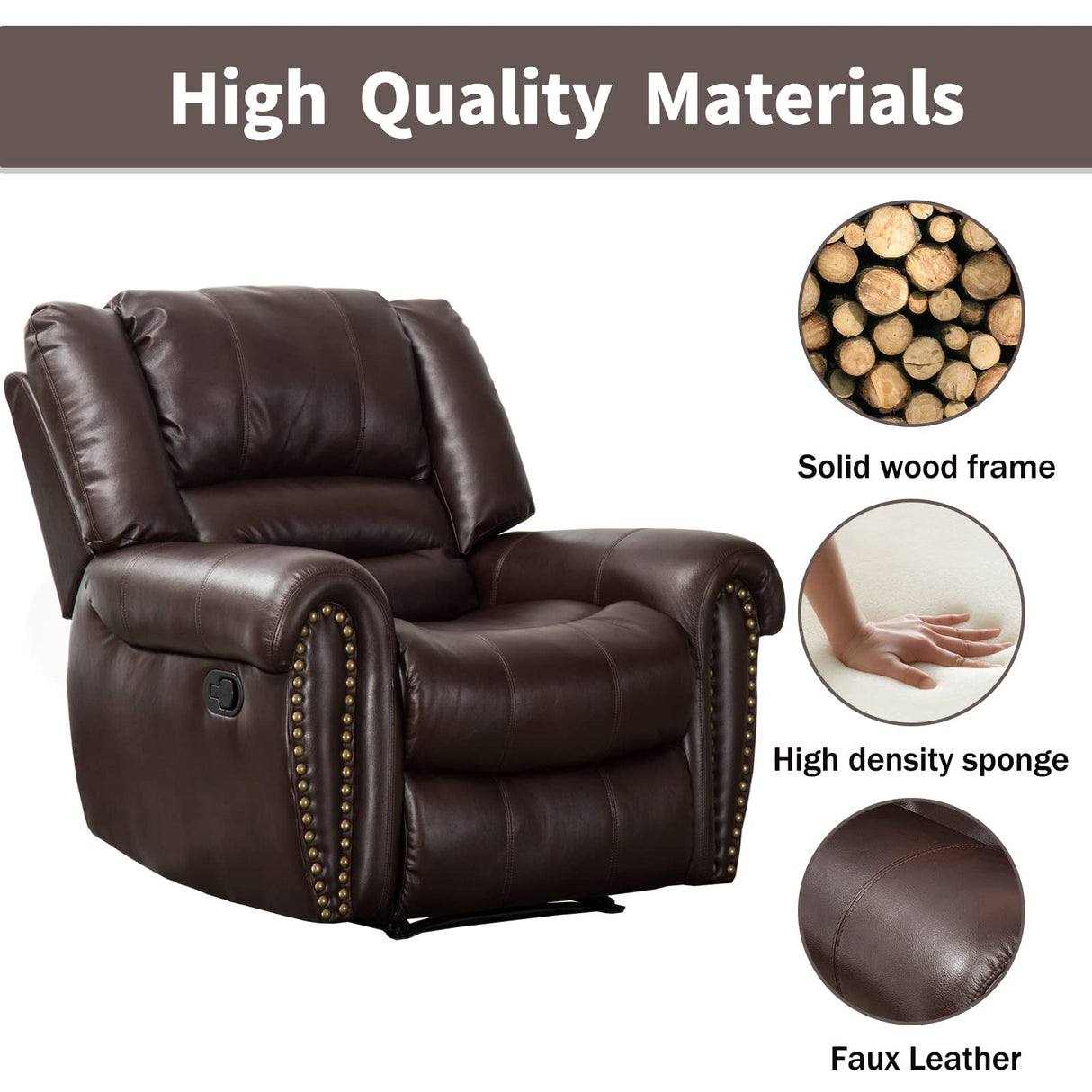 CANMOV Leather Recliner Chair, Classic and Traditional Manual Recliner Chair with Comfortable Arms and Back Single Sofa for Living Room, Brown CANMOV