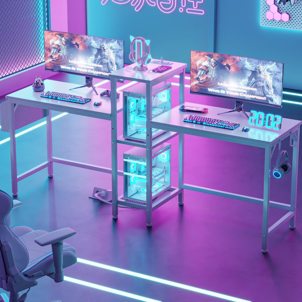 Furologee Double Desk with Power Outlets, 71 Inch Computer Desk with Storage Bag and Headphone Hooks, Gaming Desk Study Writing Table for Home Office, White Furologee