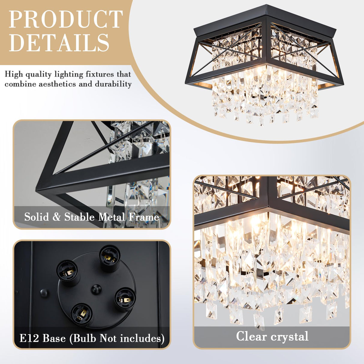 Crystal Flush Mount Ceiling Light, 11.8 inch 4-Light Black Farmhouse Lighting Metal Ceiling Light, Modern Trapezoid Hallway Light Fixtures Ceiling Mount for Bedroom Kitchen Laundry Entryway Foyer Ejerlya