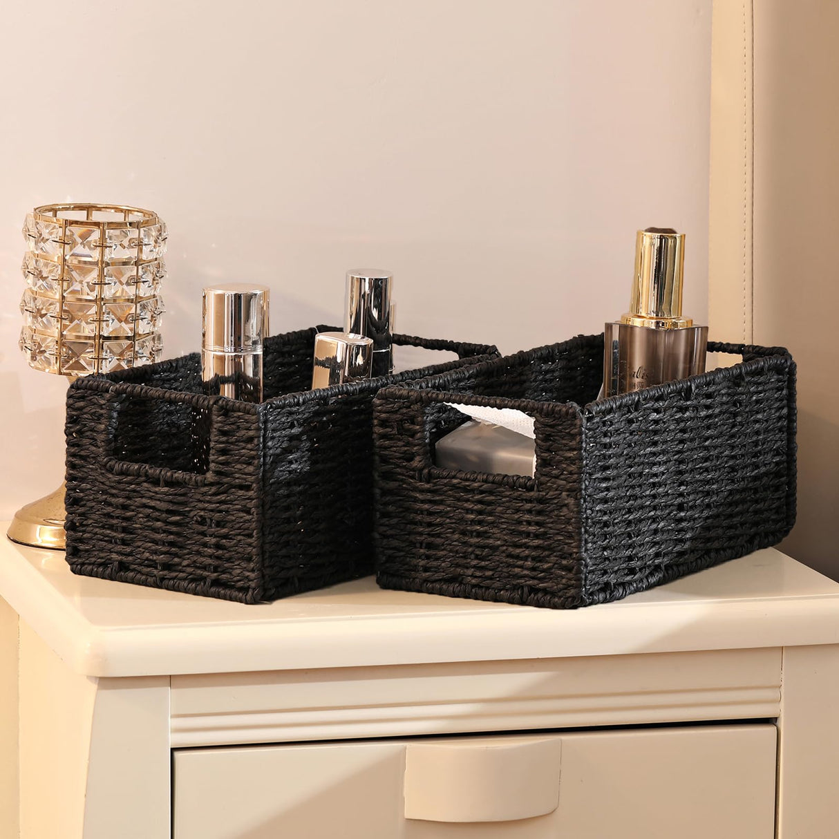 Vagusicc Wicker Storage Basket, Set of 2 Hand-Woven Paper Rope Wicker Basket, Small Storage Baskets for Organizing Toilet Paper Basket, Foldable Large Cube Storage Organizer Bins for Shelves (Black) Vagusicc
