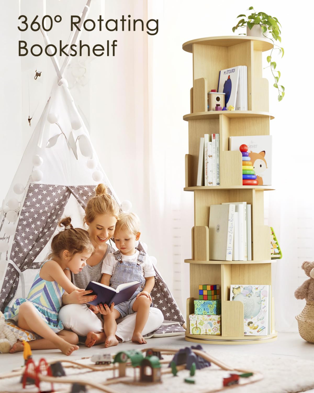 Masupu Rotating Bookshelf, Tall 4 Tier Rotating Spinning Bookshelf Tower, 360 Spinning Floor Standing Bookcase Storage Rack, Conner Rotating Book Shelf for Kids Rooms, Bedroom, Living Room Masupu