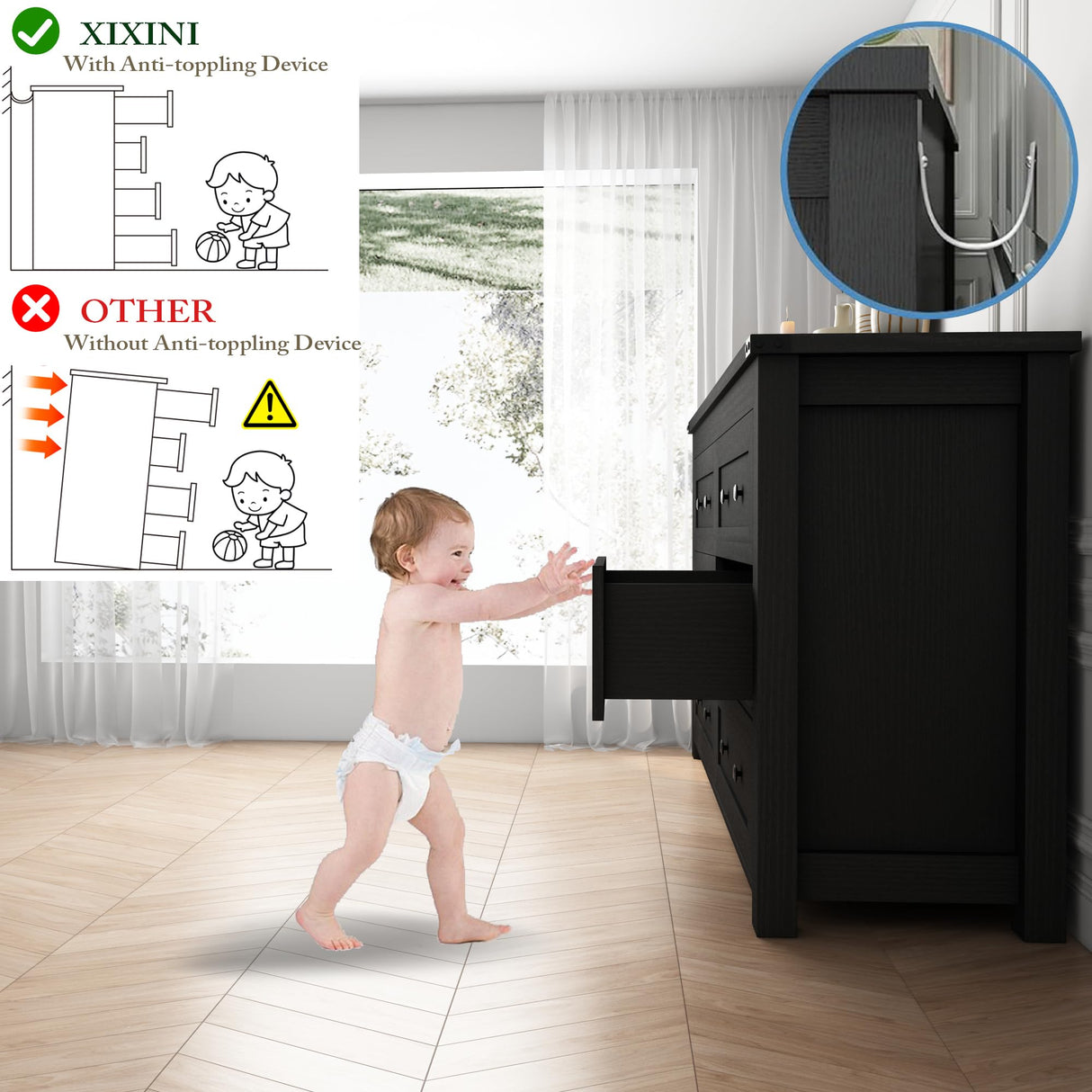 Dresser for Bedroom with 6 Drawers, Farmhouse Wood Chest of Drawers, Wide TV Stand Closet Storage Furniture with Metal Handle, Modern Clothes Organizer for Hallway, Living Room, Entryway, Black Xixini