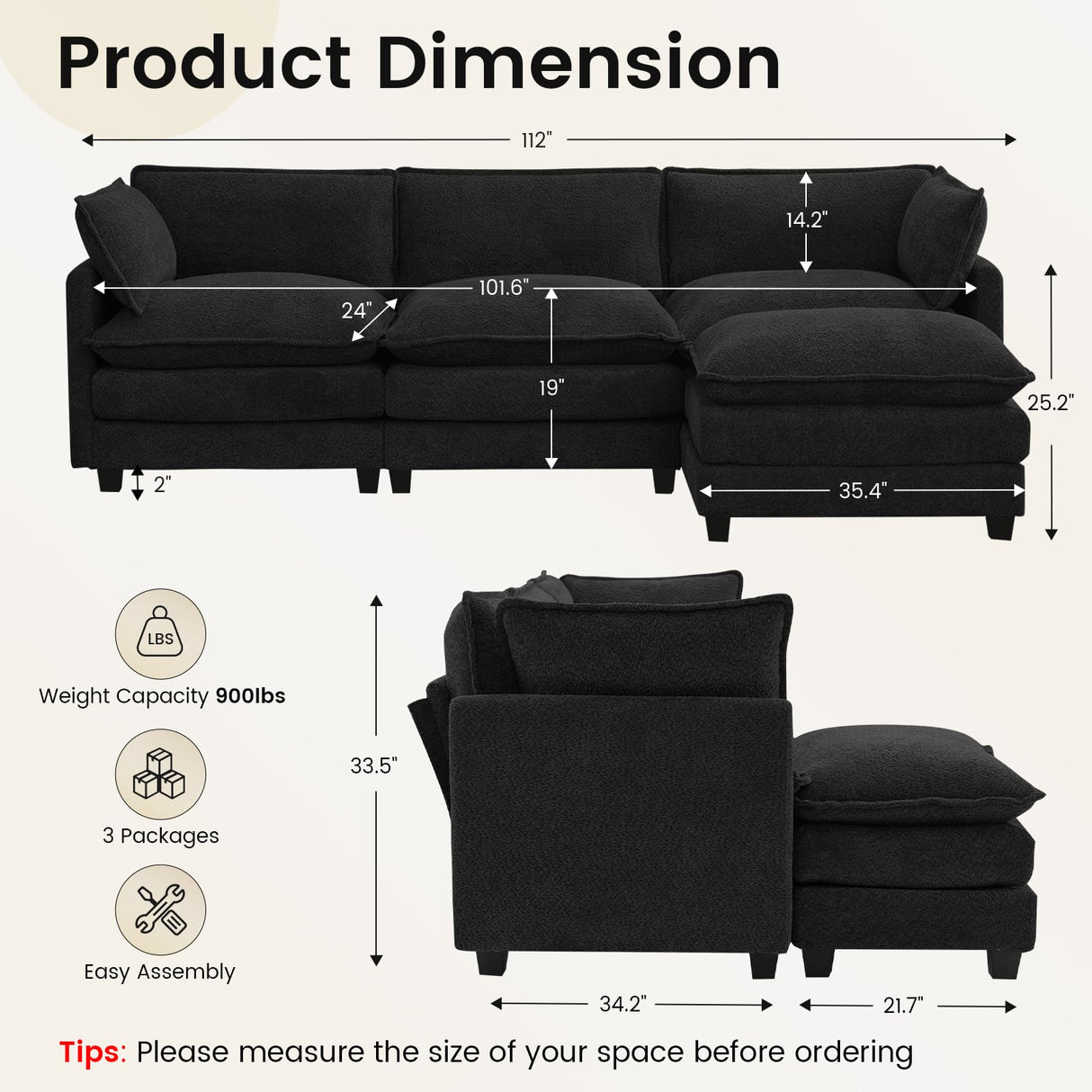 ROWHY Oversized Modular Sectional Couch with Movable Ottoman, 112" Modern Convertible L Shaped Sofa Set, 4 Seat Comfy Cloud Couch with 2 Throw Pillows, for Living Room and Office, Chenille, Black ROWHY